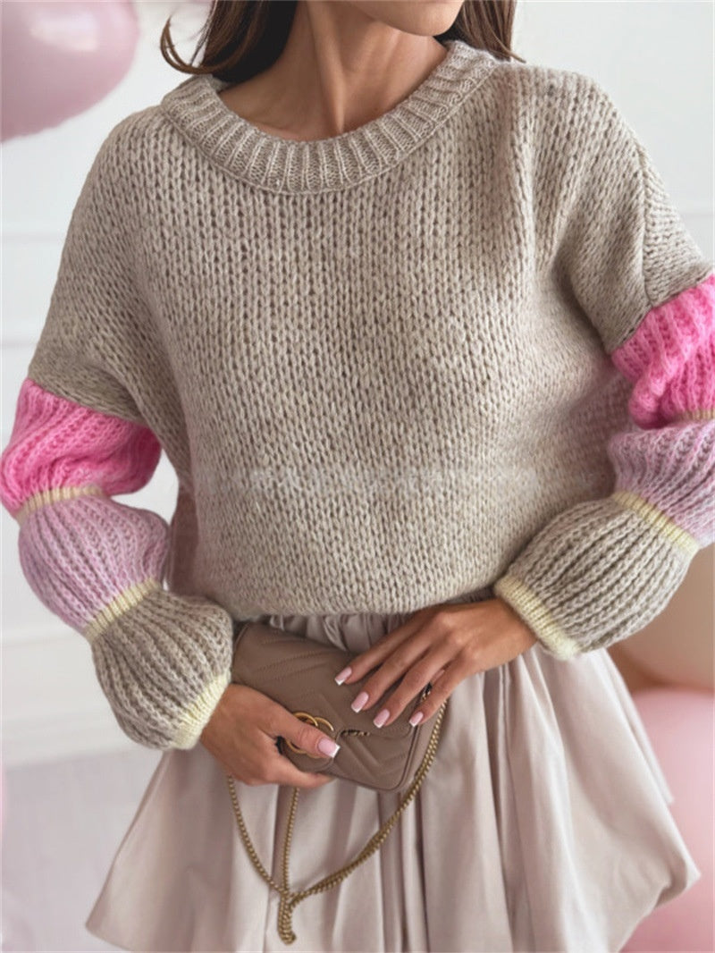 Colorblock Bubble Sleeve Chunky Knit Sweater - Khaki - 3