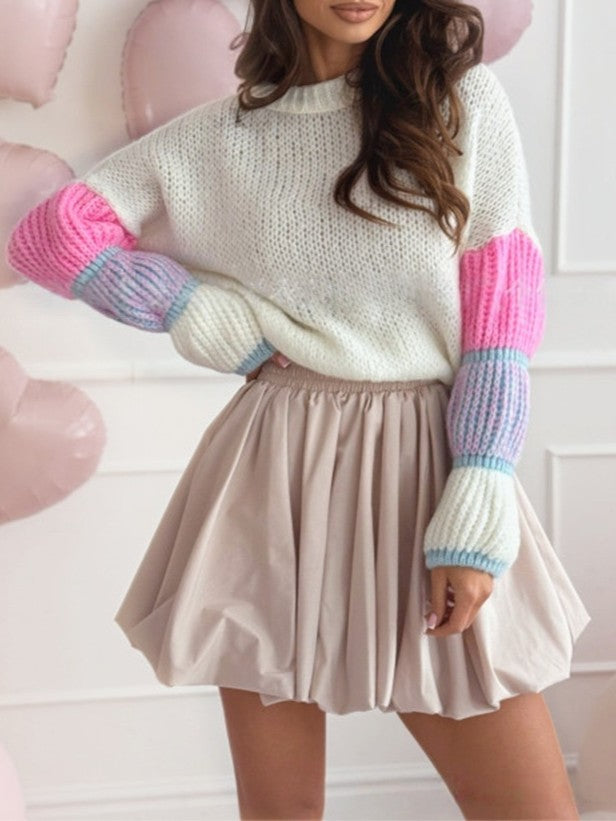 Colorblock Bubble Sleeve Chunky Knit Sweater - white