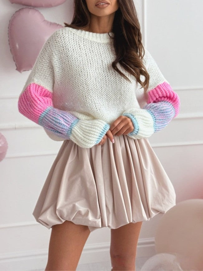 Colorblock Bubble Sleeve Chunky Knit Sweater - white - 2