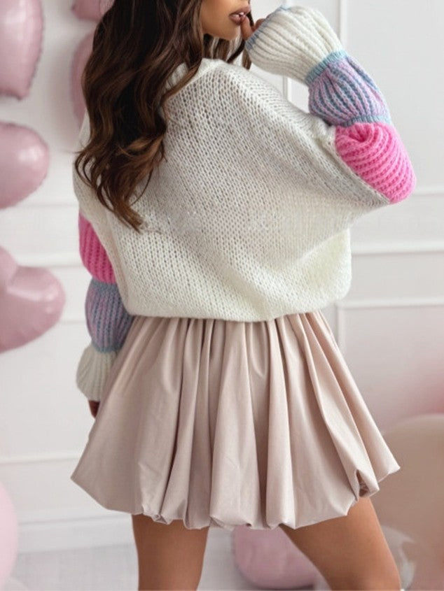 Colorblock Bubble Sleeve Chunky Knit Sweater - white - 3