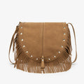 Western Fringe Studded Saddle Crossbody Bag - Camel