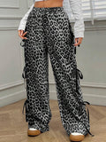 Leopard Print Drawstring Wide Leg Trousers - GreyLeo