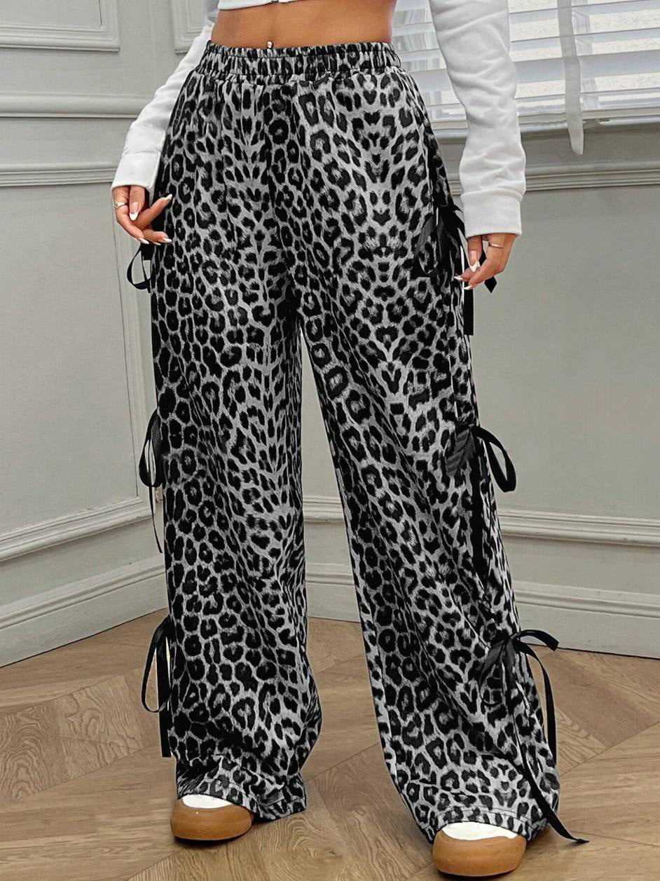 Leopard Print Drawstring Wide Leg Trousers - GreyLeo