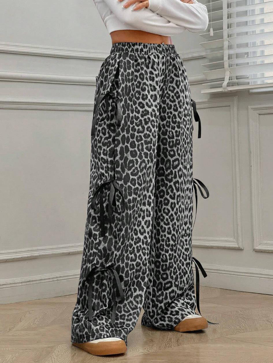 Leopard Print Drawstring Wide Leg Trousers - GreyLeo - 1