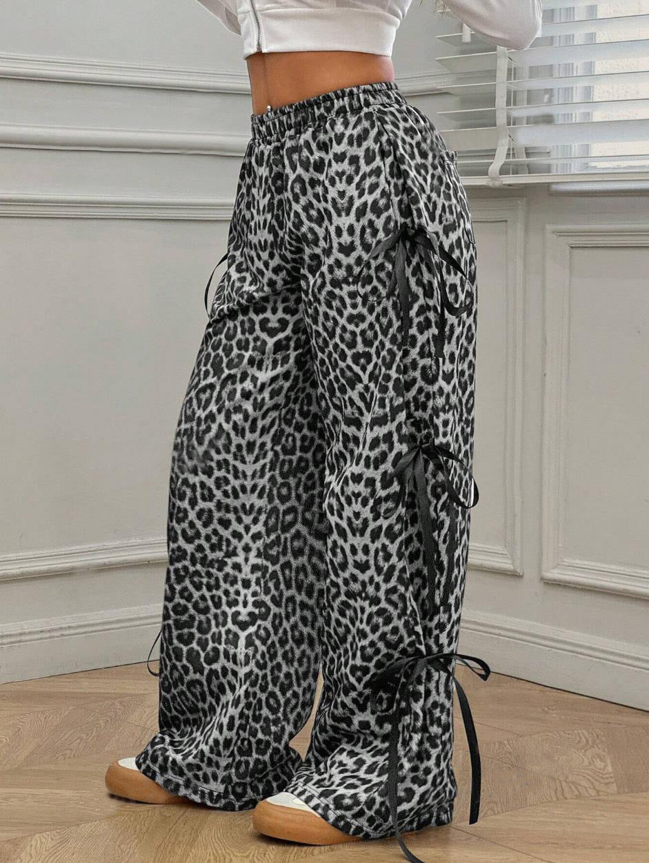 Leopard Print Drawstring Wide Leg Trousers - GreyLeo - 2