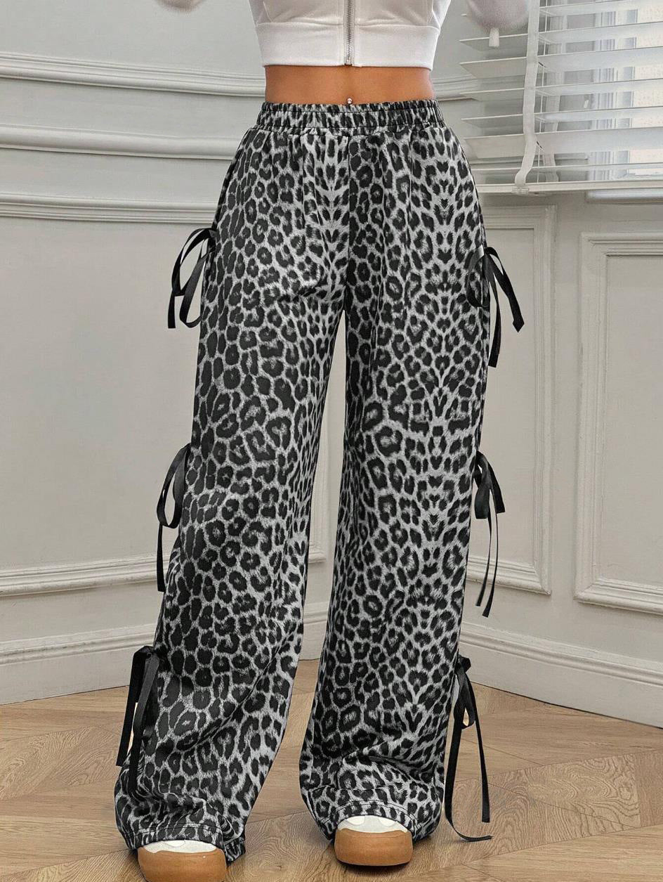 Leopard Print Drawstring Wide Leg Trousers - GreyLeo - 3