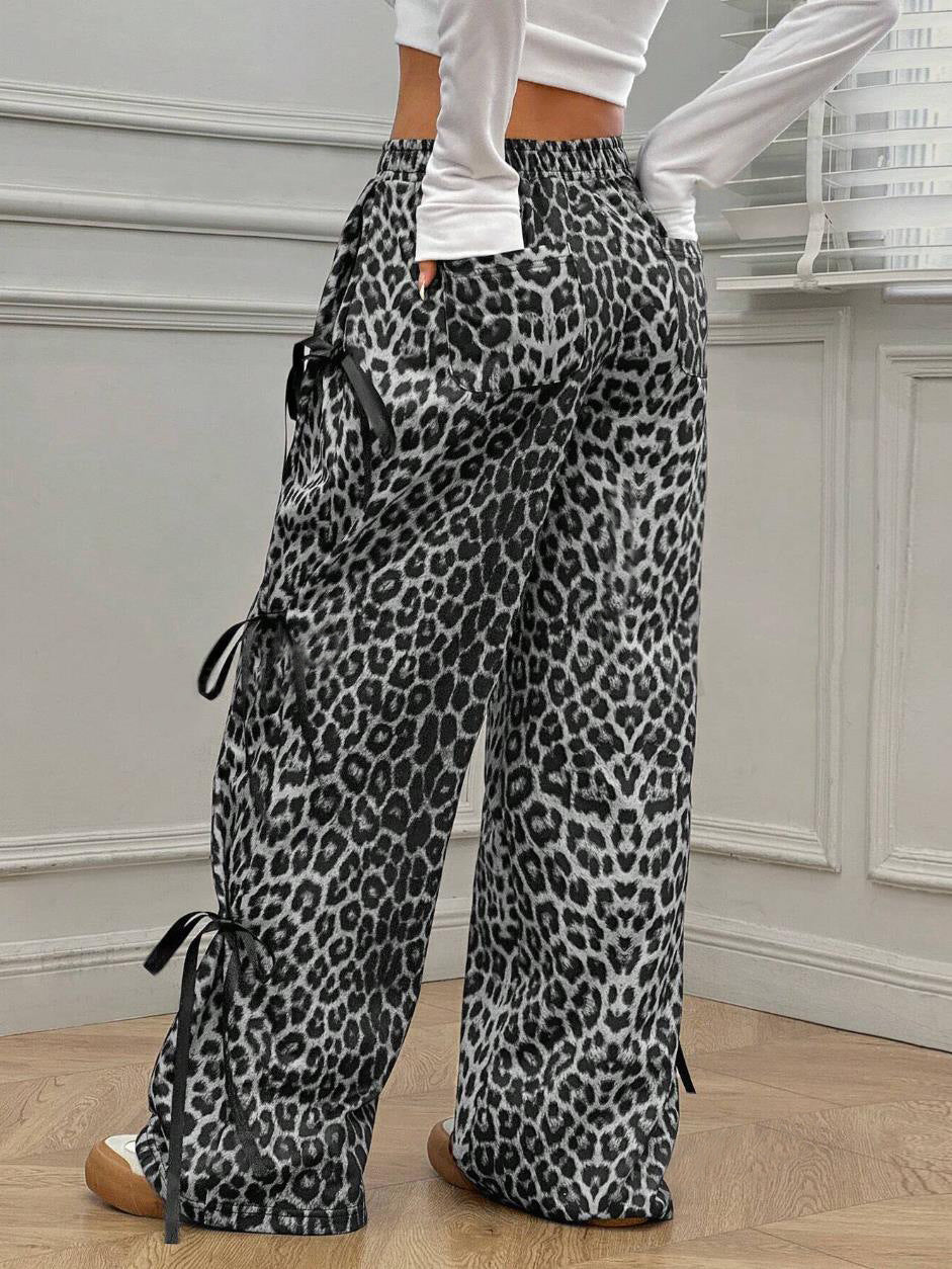 Leopard Print Drawstring Wide Leg Trousers - GreyLeo - 4