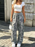 Western Camo Print Drawstring Wide Leg Pants - Grey