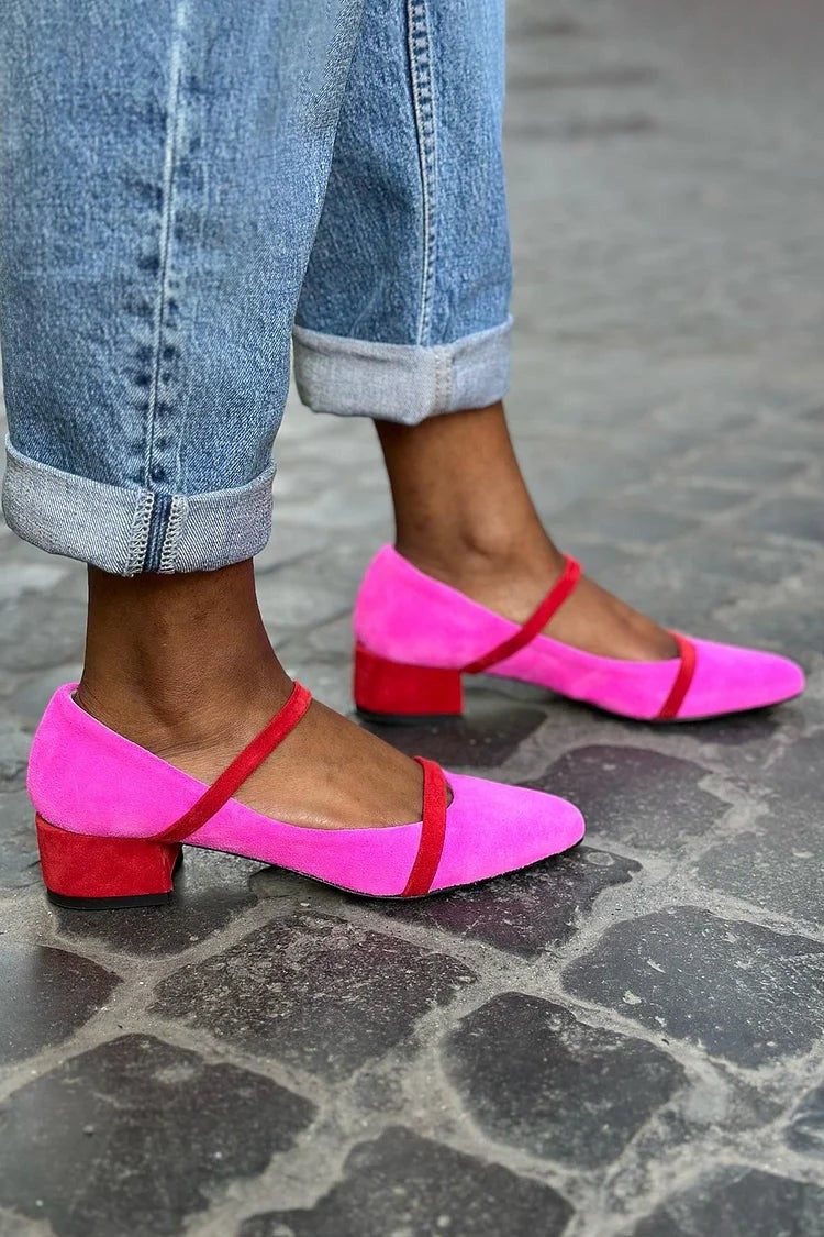 Pointed Toe Colorblock Mary Jane Flats - Pink Red