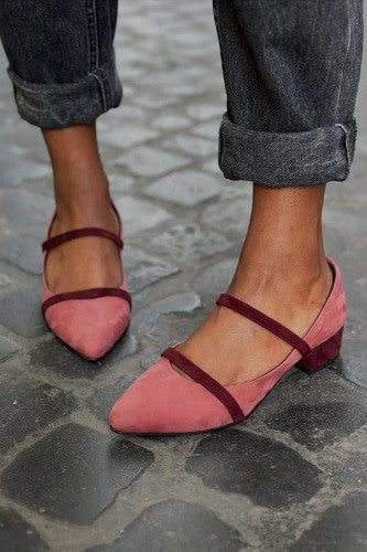 Pointed Toe Colorblock Mary Jane Flats - Rose Burgundy
