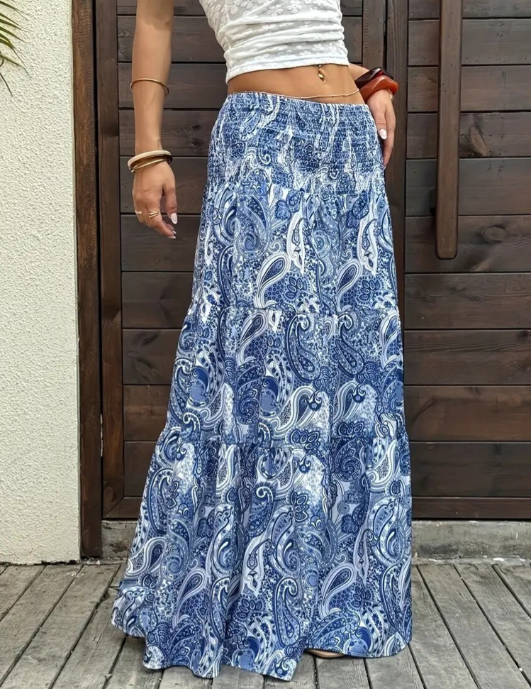 Boho Paisley Tiered Maxi Skirt With Shirred Waist - Blue - 1