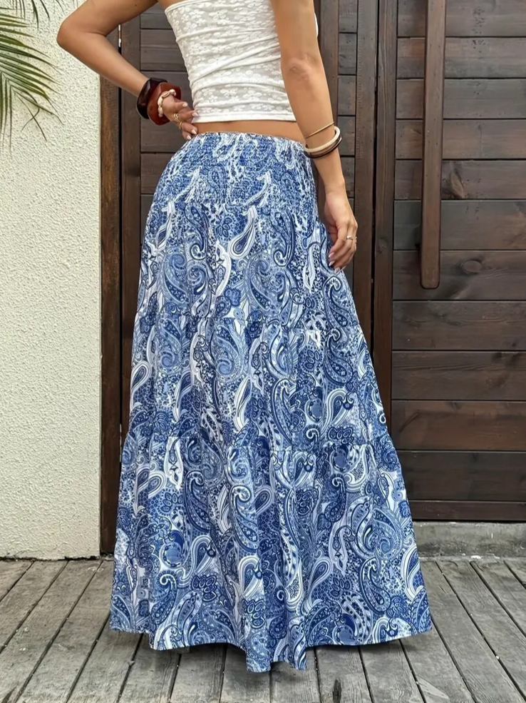 Boho Paisley Tiered Maxi Skirt With Shirred Waist - Blue - 3