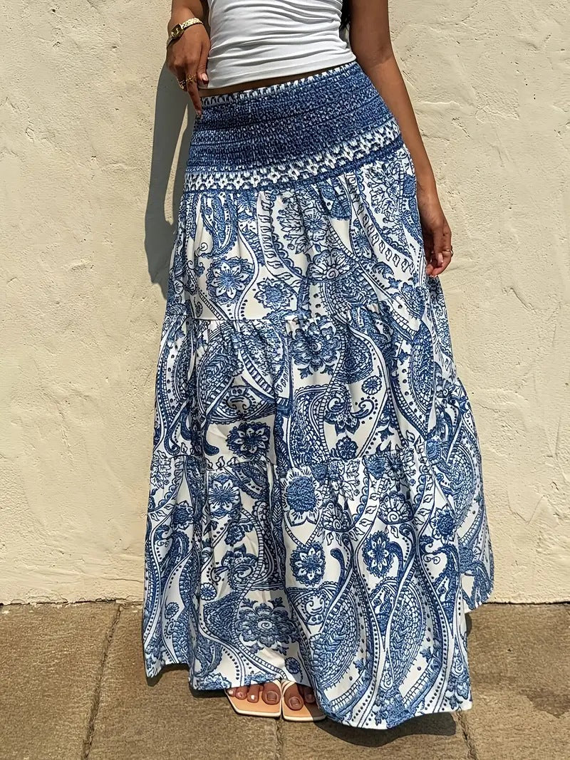 Boho Paisley Tiered Maxi Skirt With Shirred Waist - DarkBlue - 1