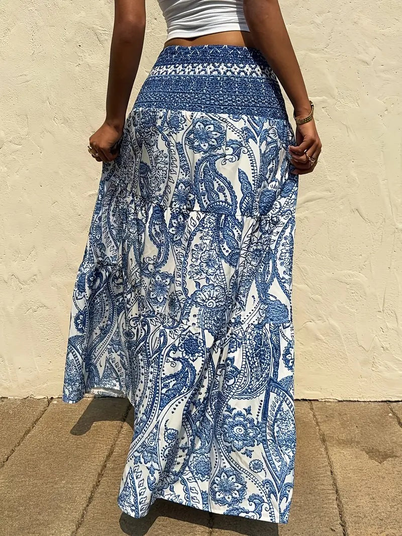 Boho Paisley Tiered Maxi Skirt With Shirred Waist - DarkBlue - 2