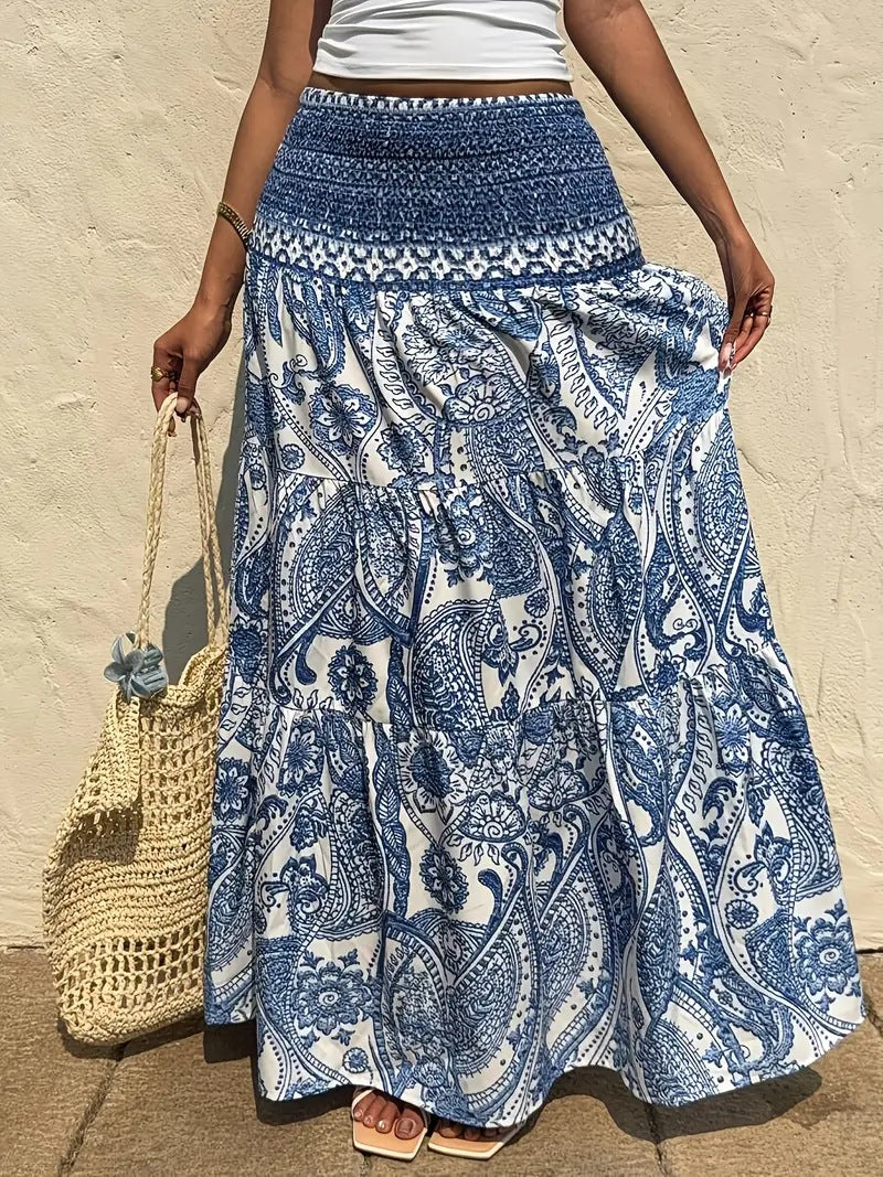 Boho Paisley Tiered Maxi Skirt With Shirred Waist - DarkBlue - 3