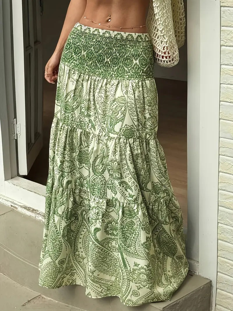 Boho Paisley Tiered Maxi Skirt With Shirred Waist - Green
