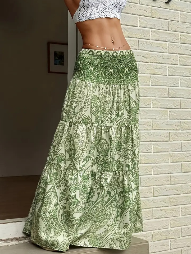 Boho Paisley Tiered Maxi Skirt With Shirred Waist - Green - 1