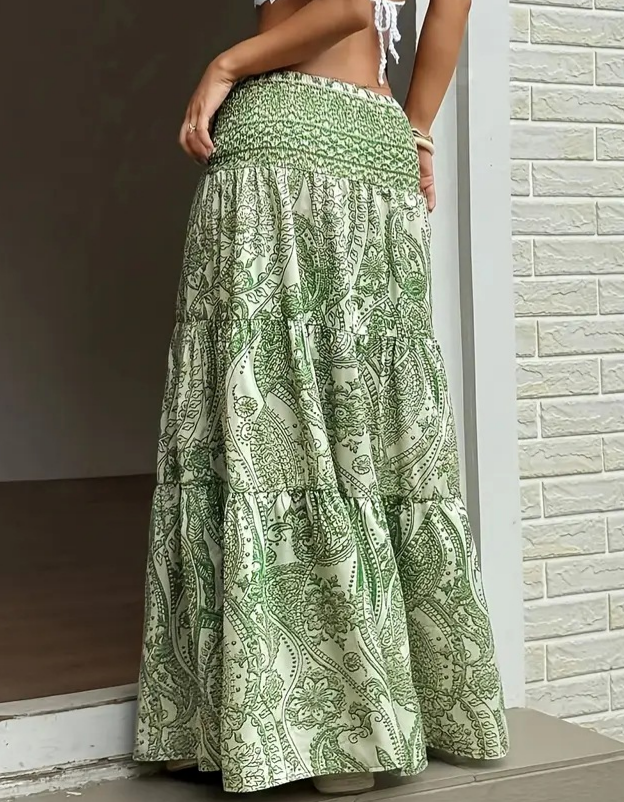 Boho Paisley Tiered Maxi Skirt With Shirred Waist - Green - 2