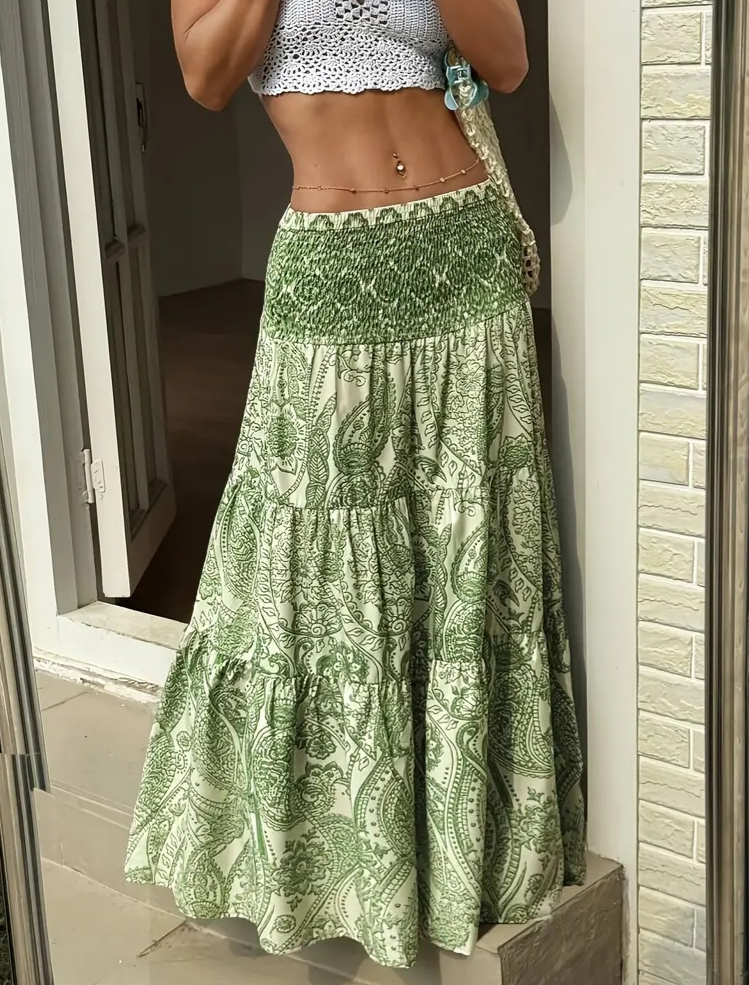Boho Paisley Tiered Maxi Skirt With Shirred Waist - Green - 3