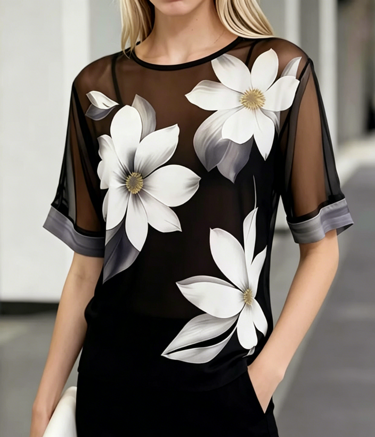 Floral Mesh Blouse With Contrast Cuff Sleeves - Black - 3