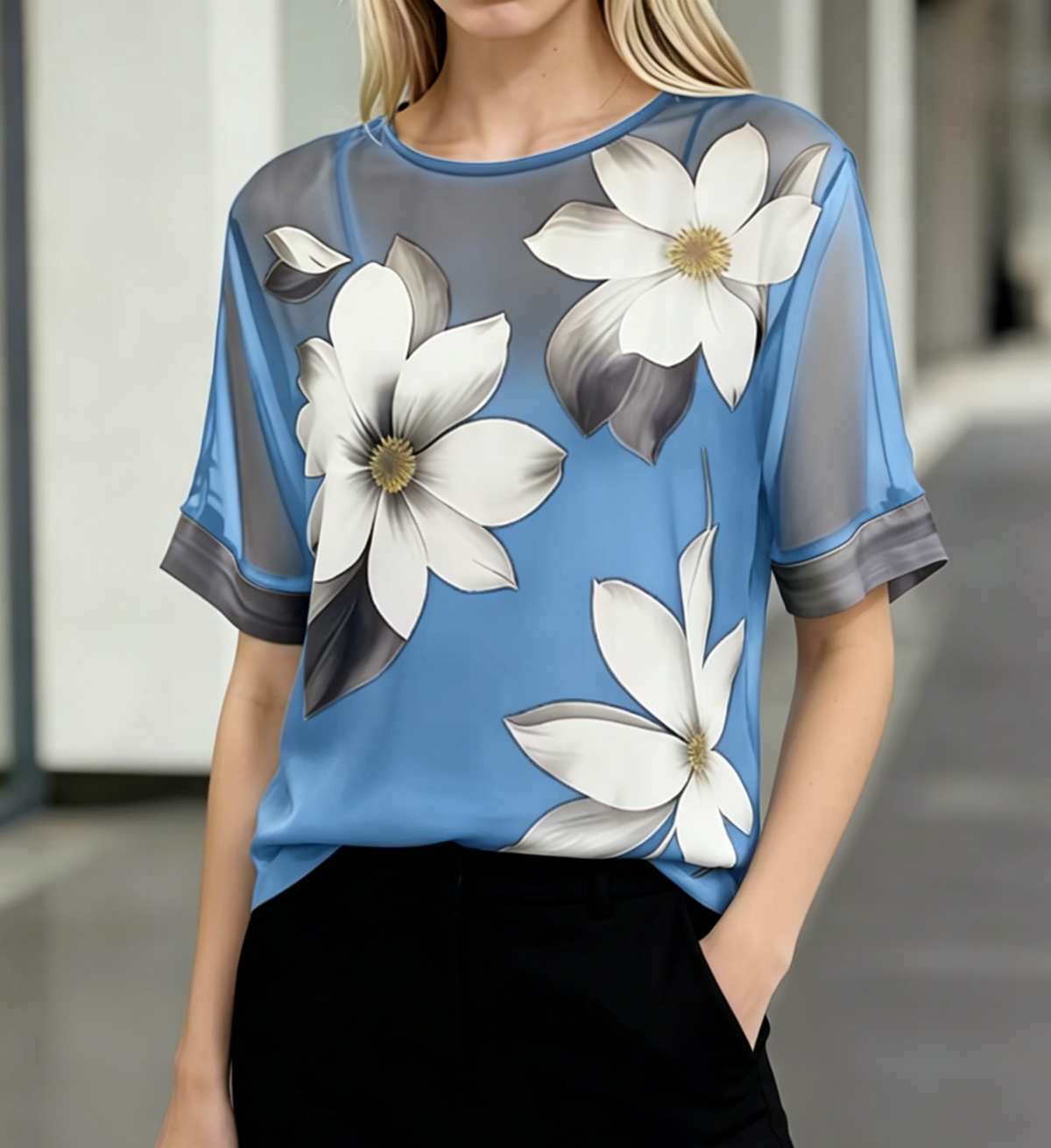 Floral Mesh Blouse With Contrast Cuff Sleeves - Blue