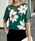 Floral Mesh Blouse With Contrast Cuff Sleeves - Green