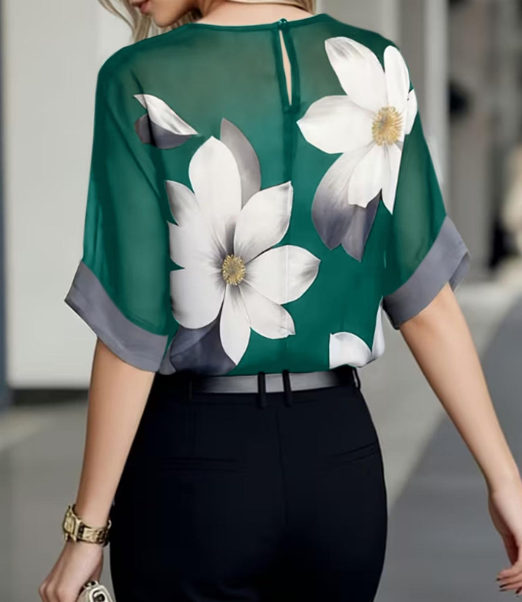 Floral Mesh Blouse With Contrast Cuff Sleeves - Green - 1