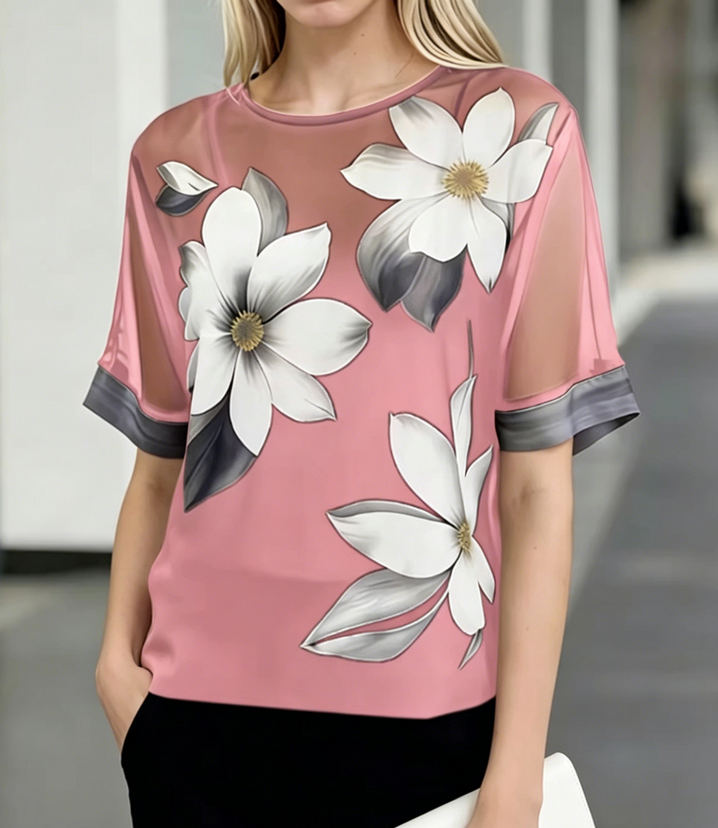 Floral Mesh Blouse With Contrast Cuff Sleeves - Pink