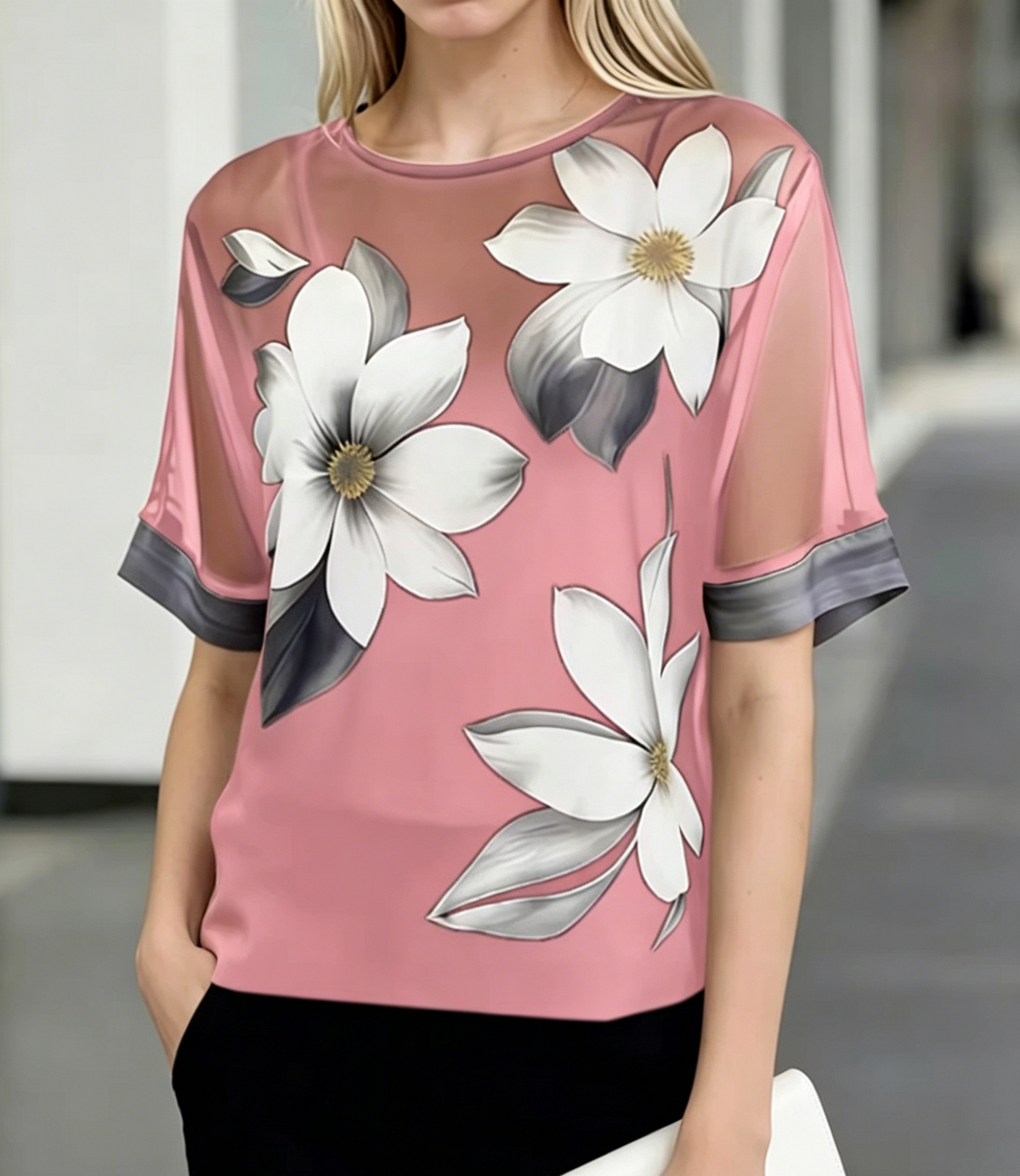 Floral Mesh Blouse With Contrast Cuff Sleeves - Pink