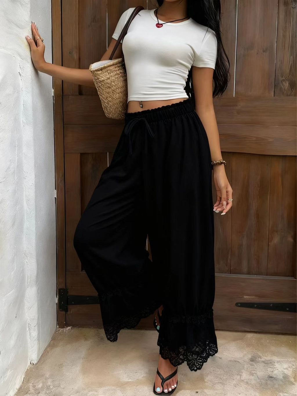Flowy Wide Leg Pants With Lace Hem - Black - 1