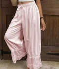 Flowy Wide Leg Pants With Lace Hem - Pink