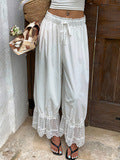 Flowy Wide Leg Pants With Lace Hem - White - 1