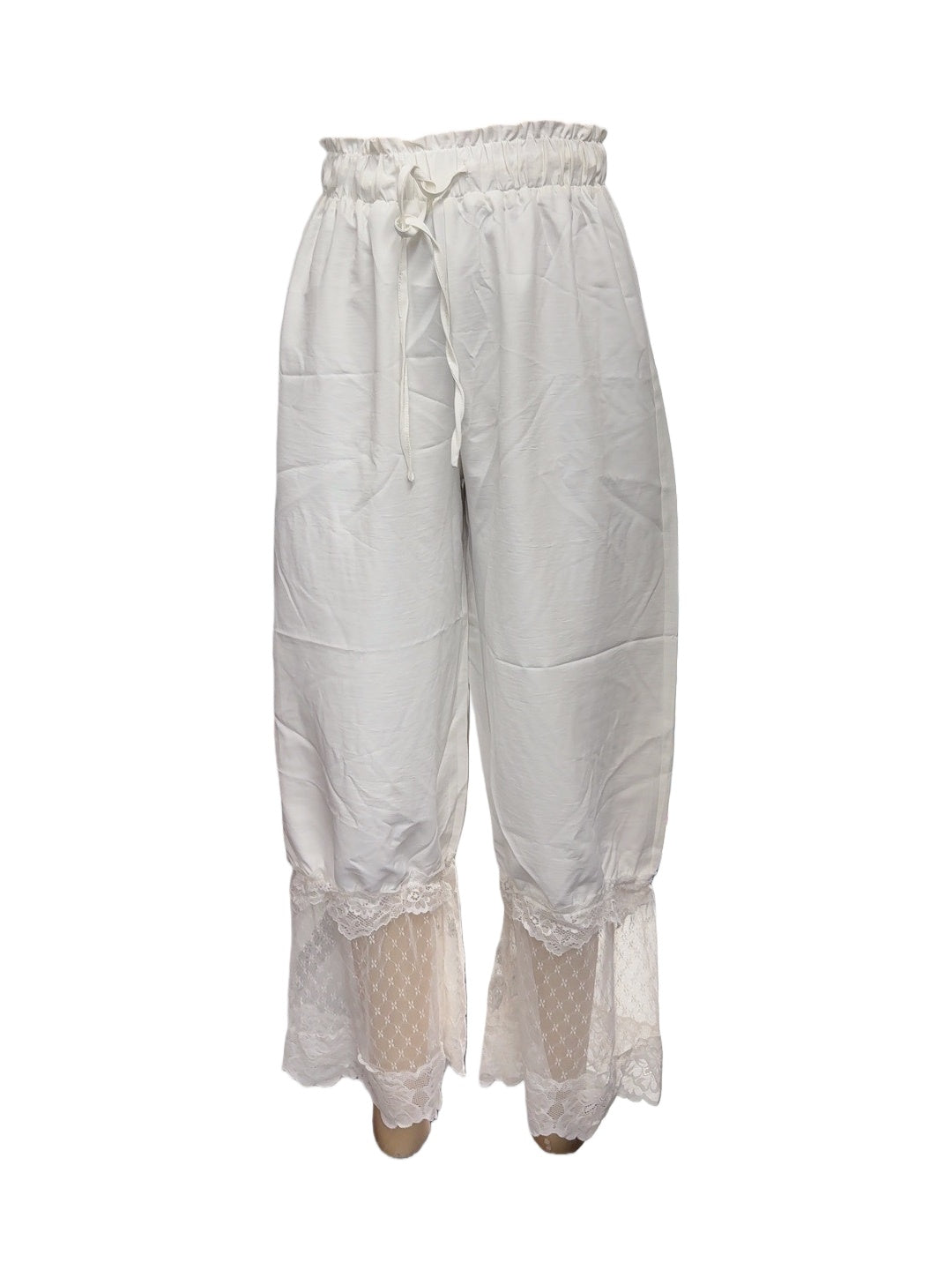 Flowy Wide Leg Pants With Lace Hem - White - 2