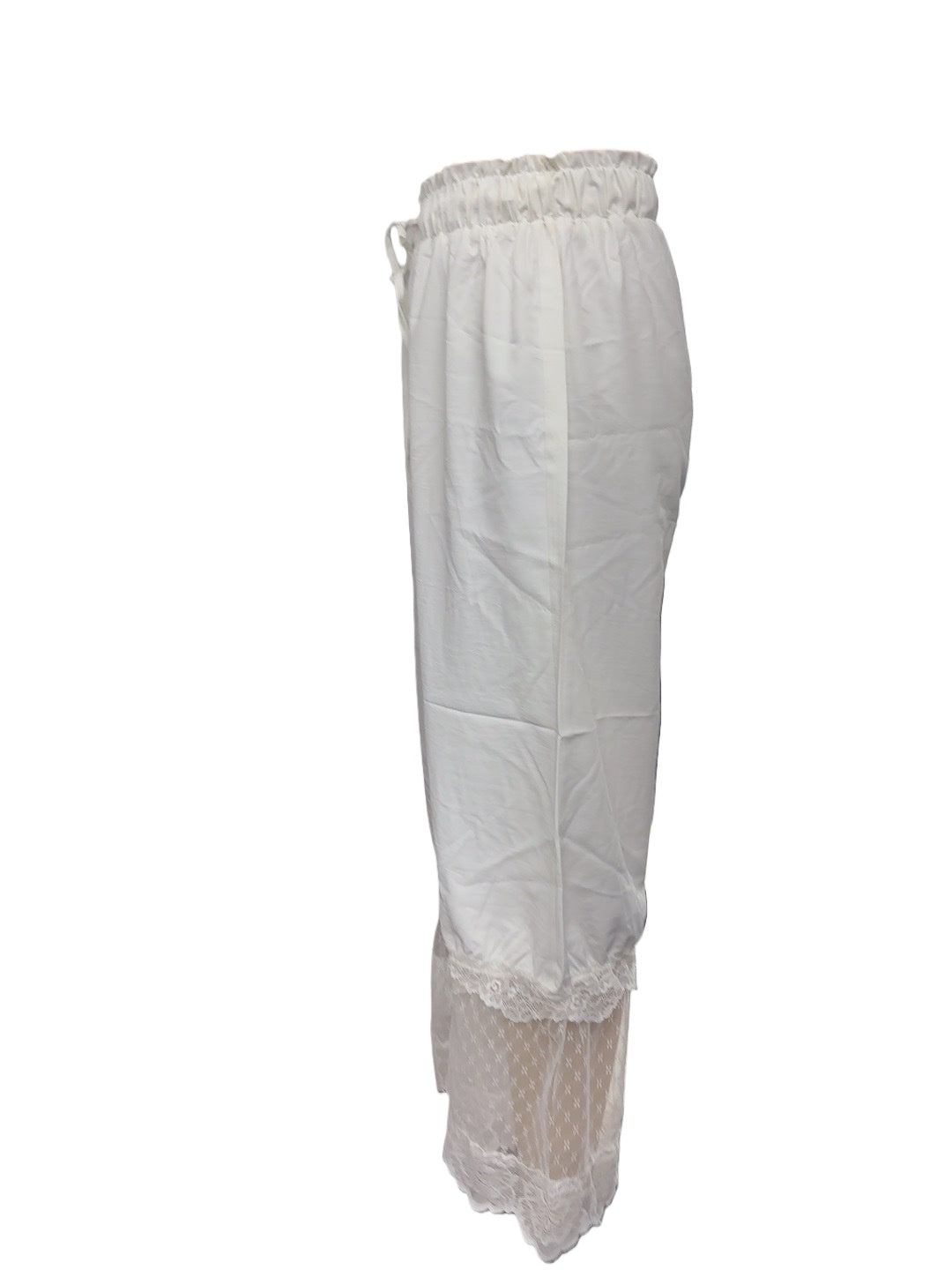 Flowy Wide Leg Pants With Lace Hem - White - 4