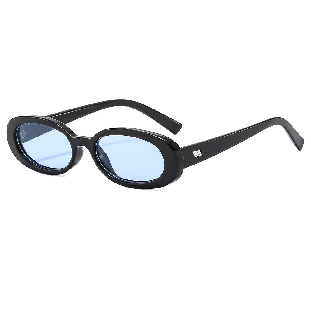 Slim Retro Oval Frame Sunglasses - Bblack