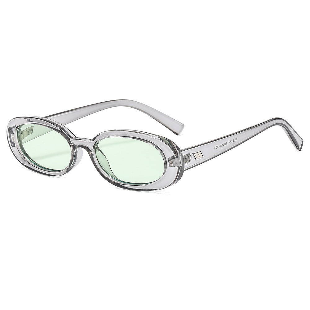 Slim Retro Oval Frame Sunglasses - greengrey