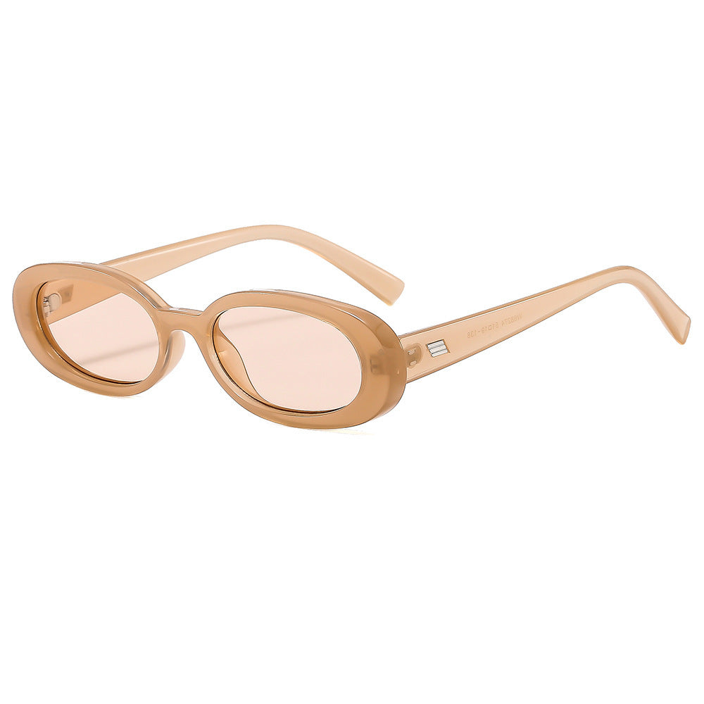 Slim Retro Oval Frame Sunglasses - nude