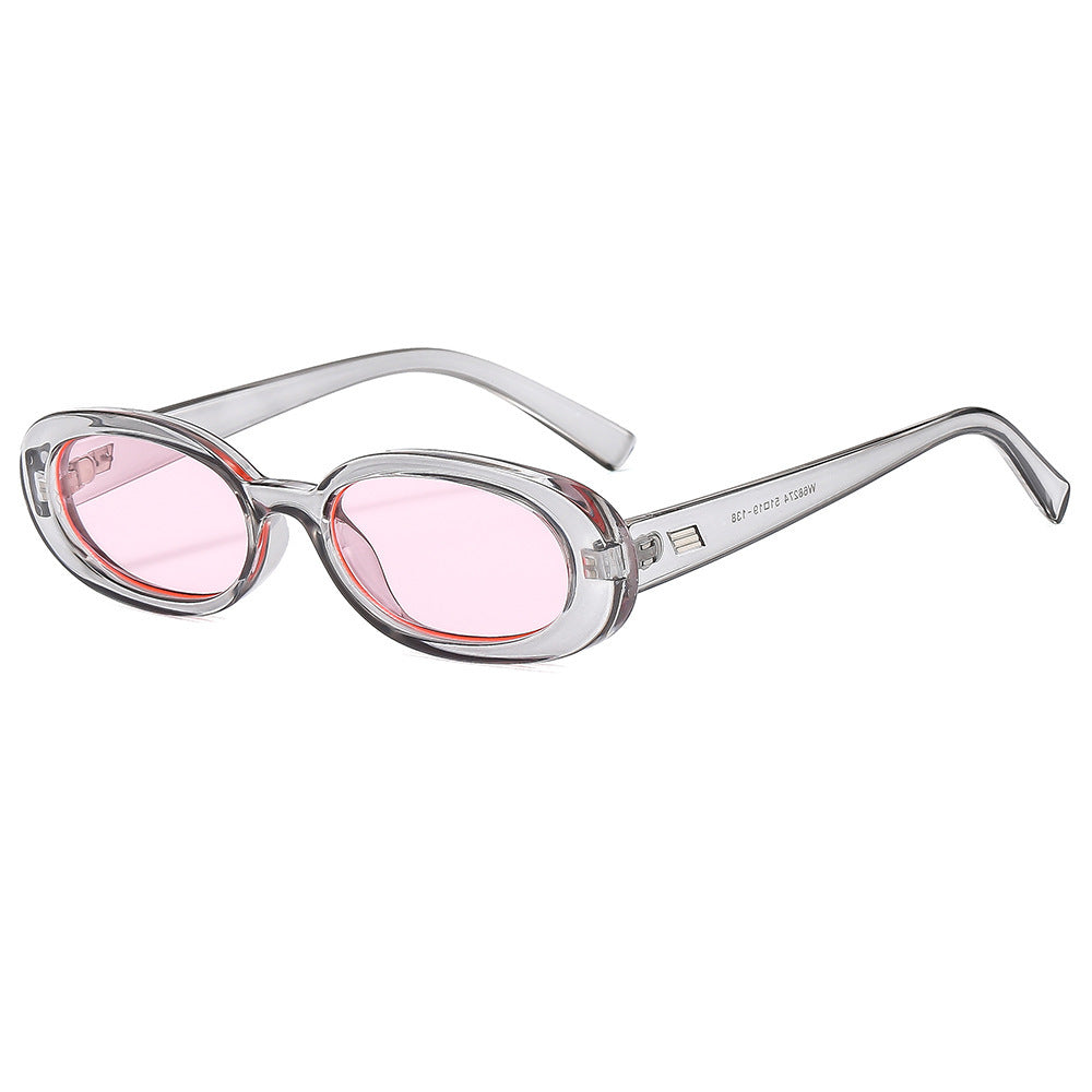 Slim Retro Oval Frame Sunglasses - pinkgrey