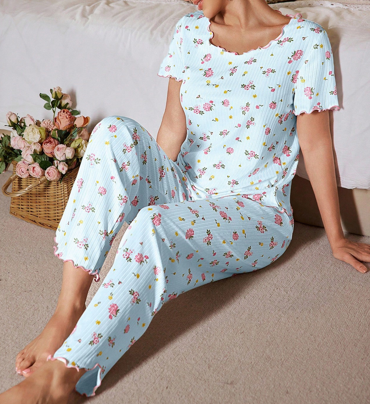 Ditsy Floral Scalloped Short Sleeve Pajama Set - Blue - 3
