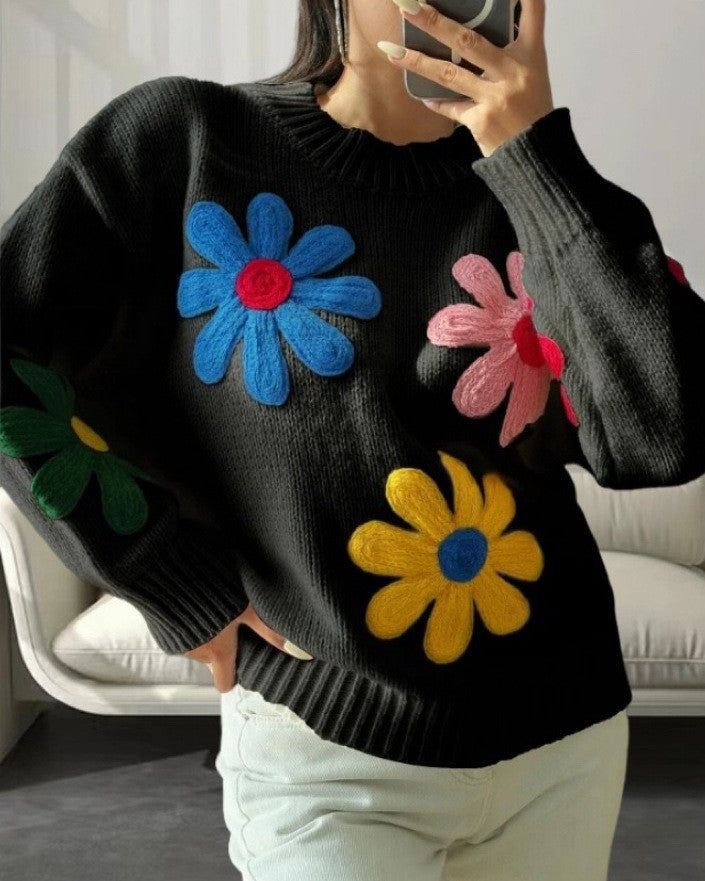 Crochet Bloom Applique Chunky Knit Sweater - A-Black