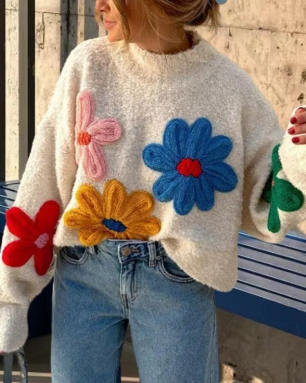 Crochet Bloom Applique Chunky Knit Sweater - A-White