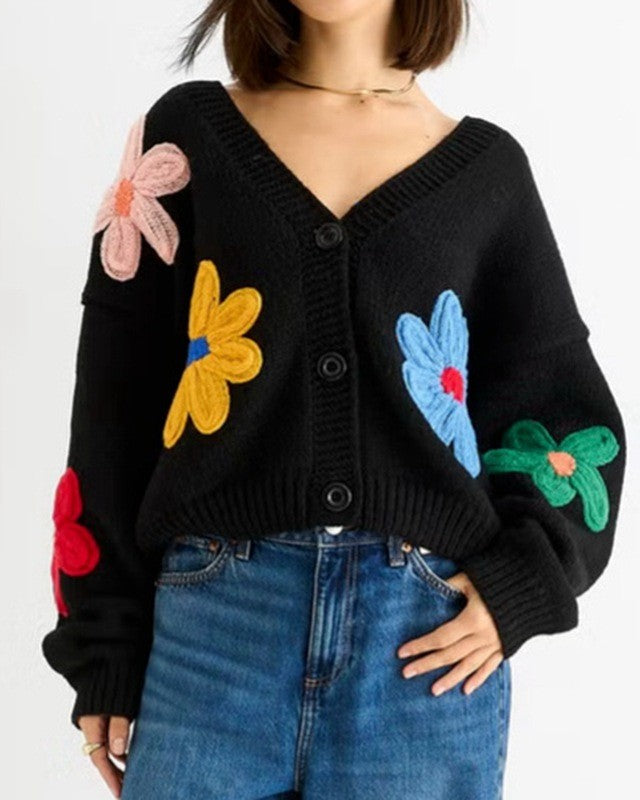 Crochet Bloom Applique Chunky Knit Sweater - B-Black