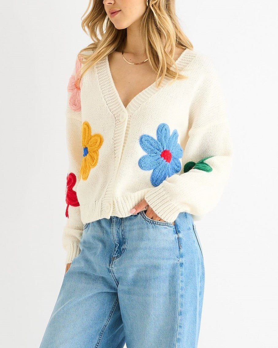 Crochet Bloom Applique Chunky Knit Sweater