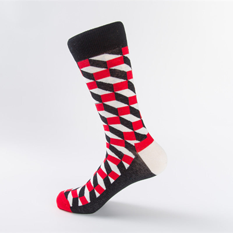 Geometric Cube Print Cotton Crew Socks - Color_01
