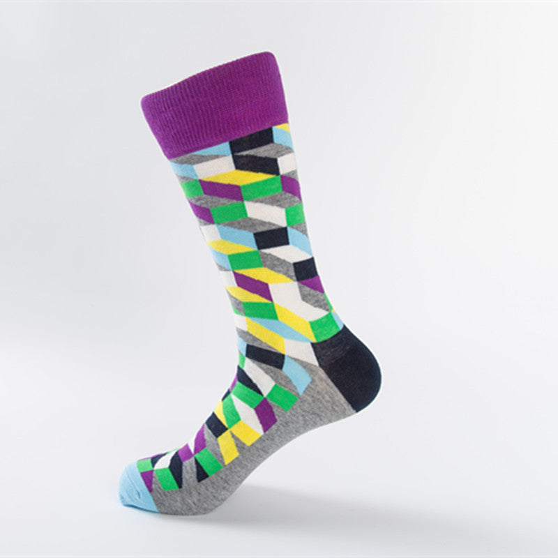 Geometric Cube Print Cotton Crew Socks - Color_02