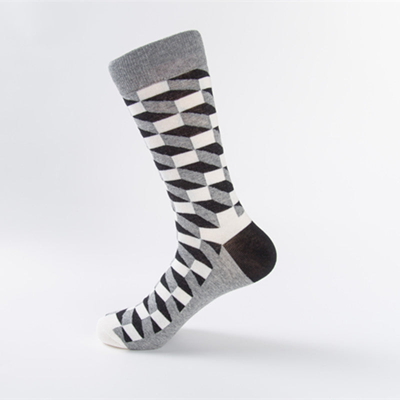 Geometric Cube Print Cotton Crew Socks - Color_03