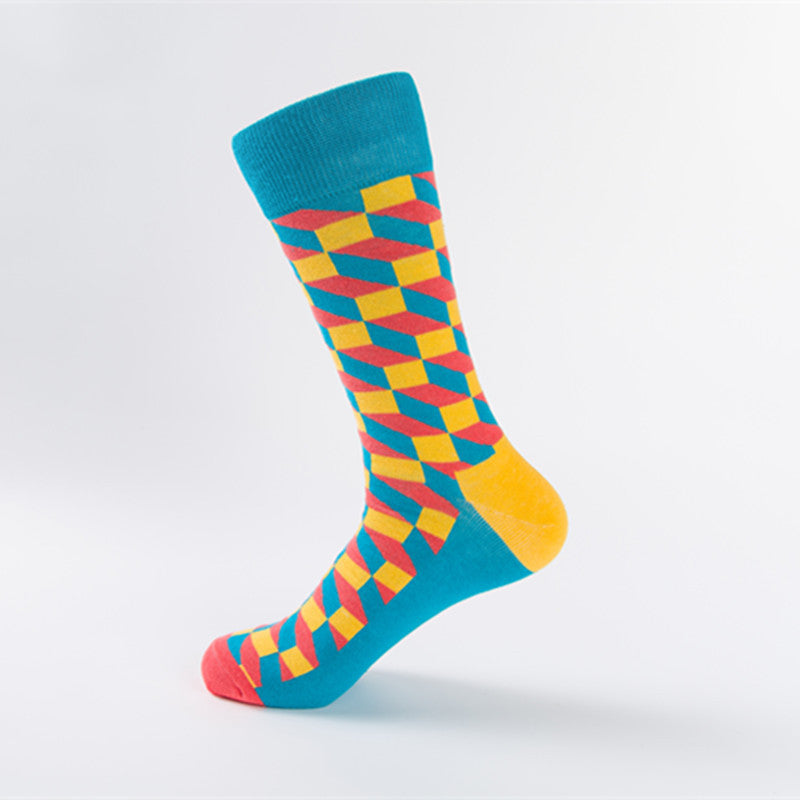Geometric Cube Print Cotton Crew Socks - Color_04