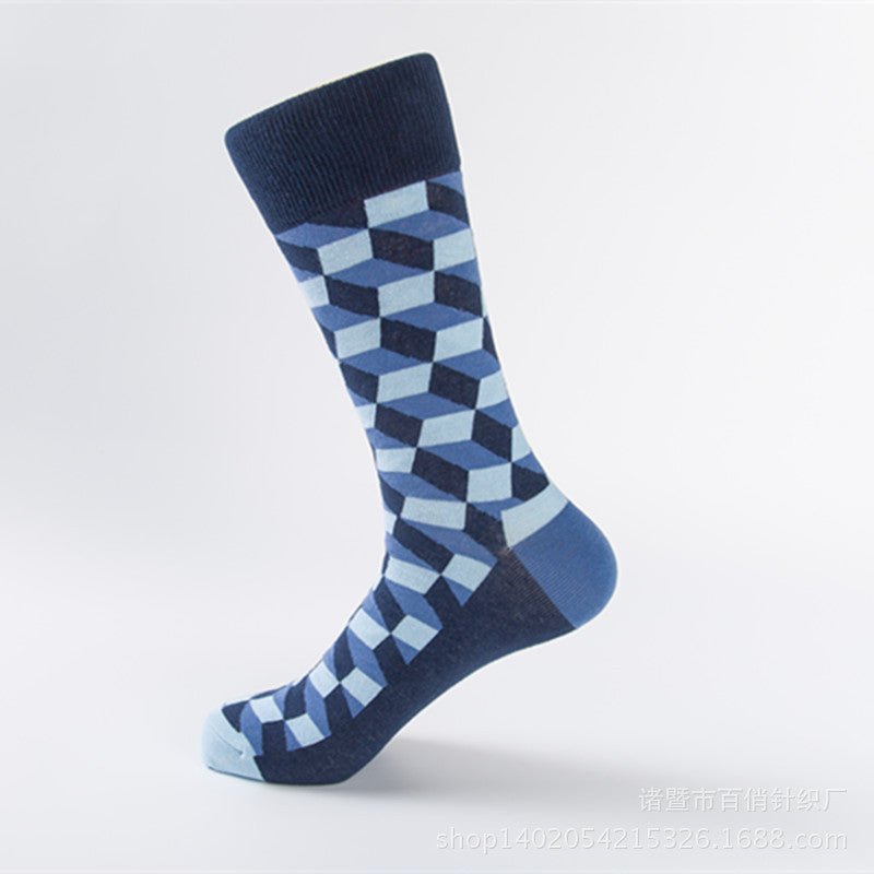 Geometric Cube Print Cotton Crew Socks - Color_08
