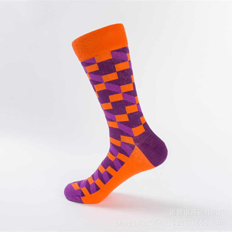 Geometric Cube Print Cotton Crew Socks - Color_09