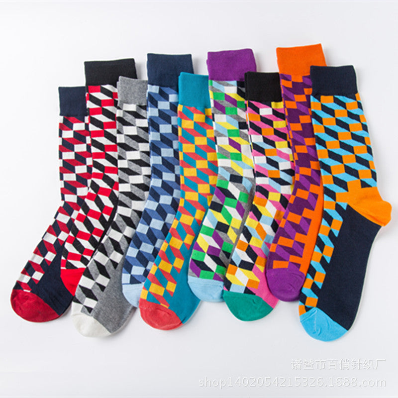 Geometric Cube Print Cotton Crew Socks